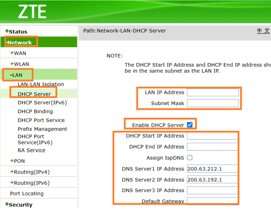Pasos para configurar LAN y DHCP Server en ZTE
