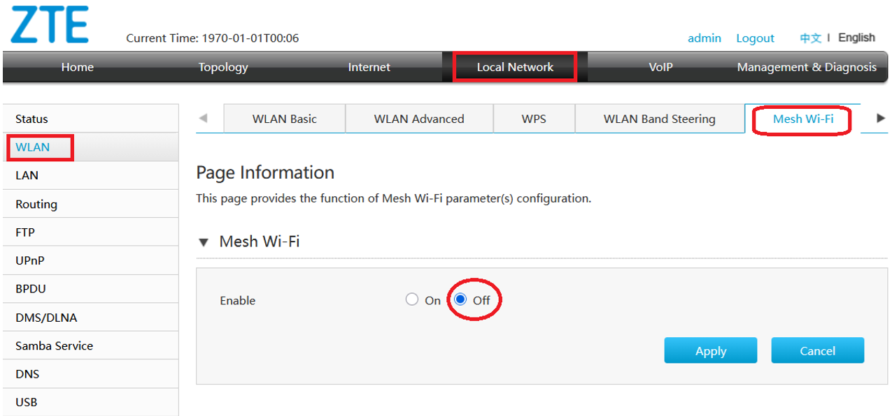 Pasos para deshabilitar el modo MESH en ZTE