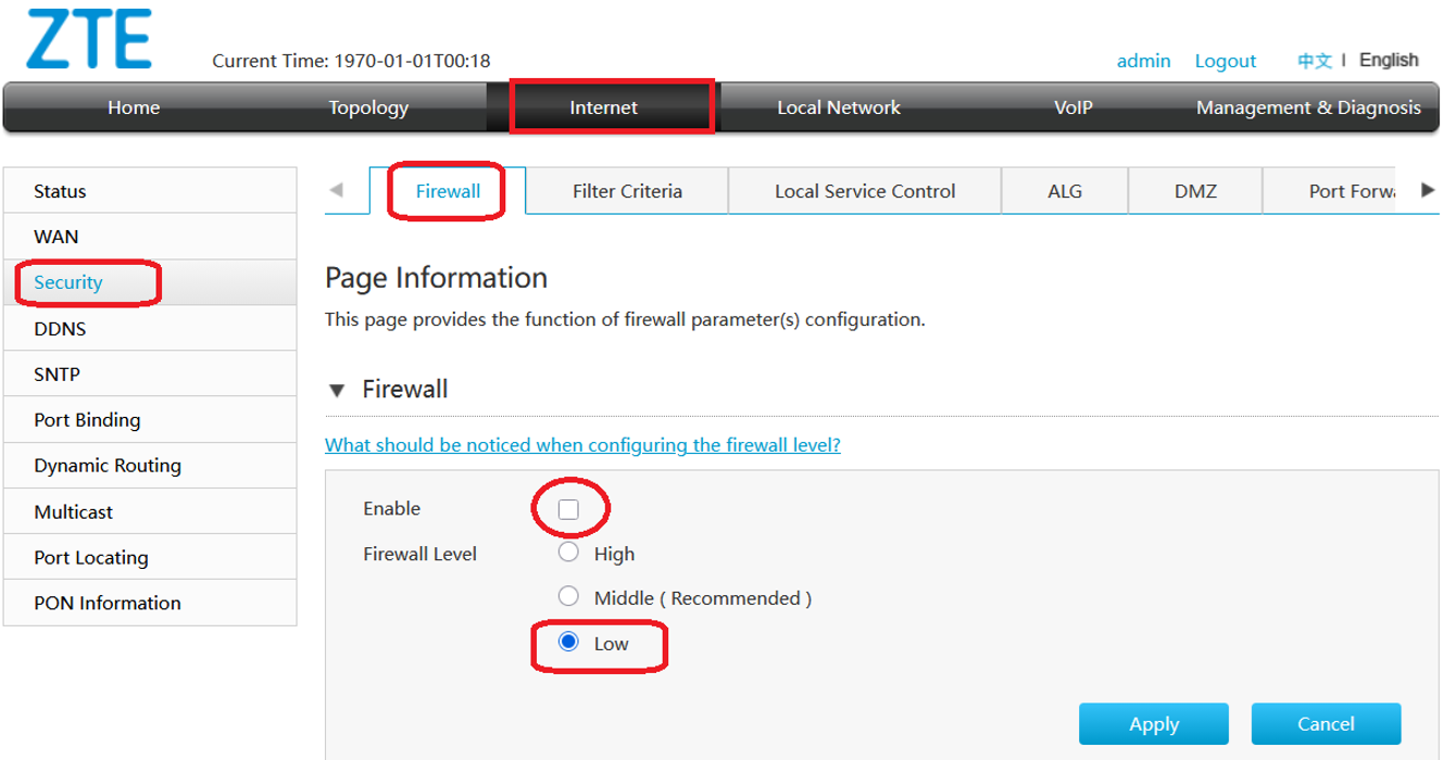 Pasos para deshabilitar el FIREWALL en ZTE