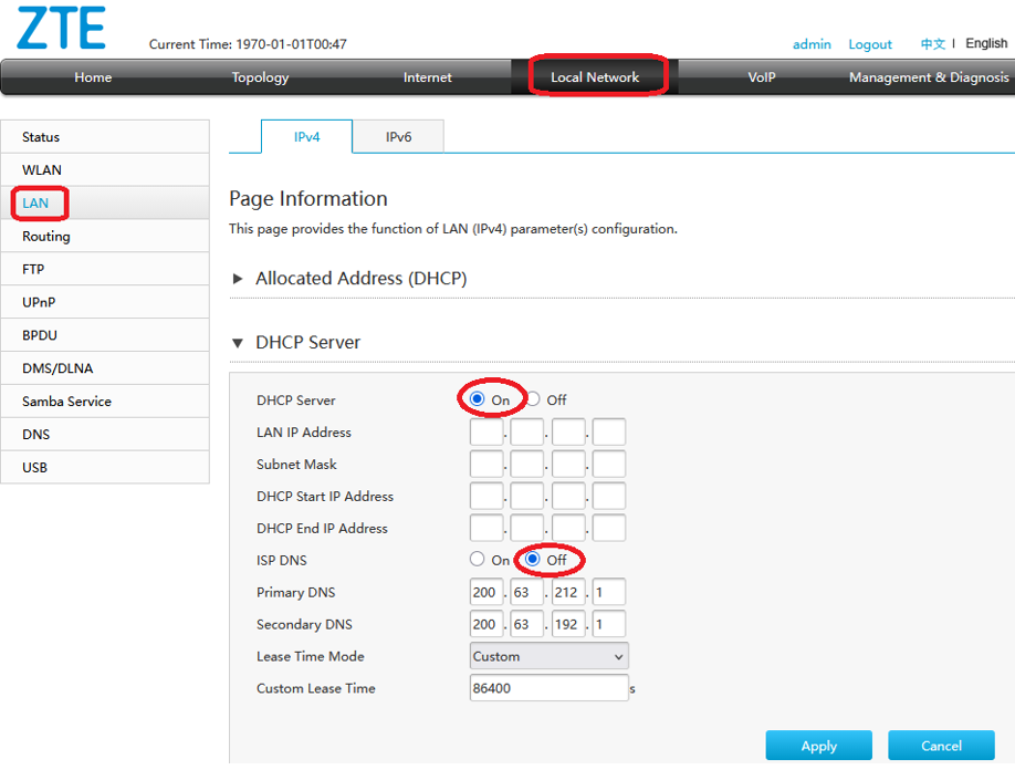 Pasos para configurar LAN y DHCP Server en ZTE