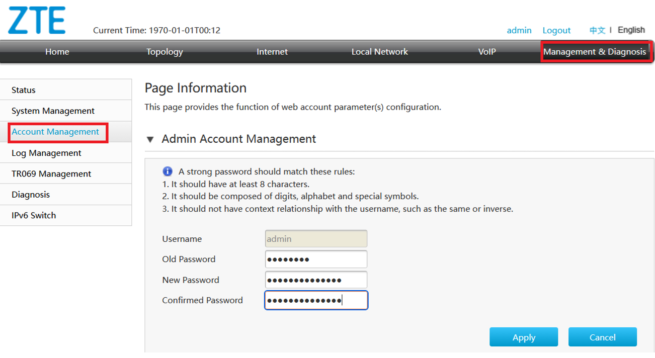 Pasos para cambio de contraseña en ZTE
