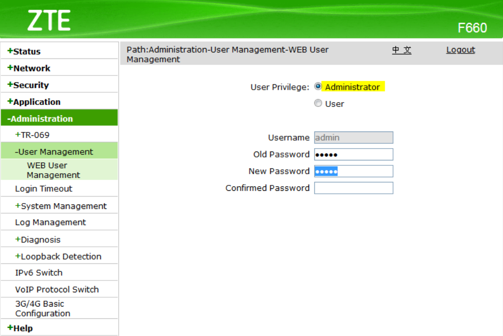 Pasos para cambio de contraseña en ZTE